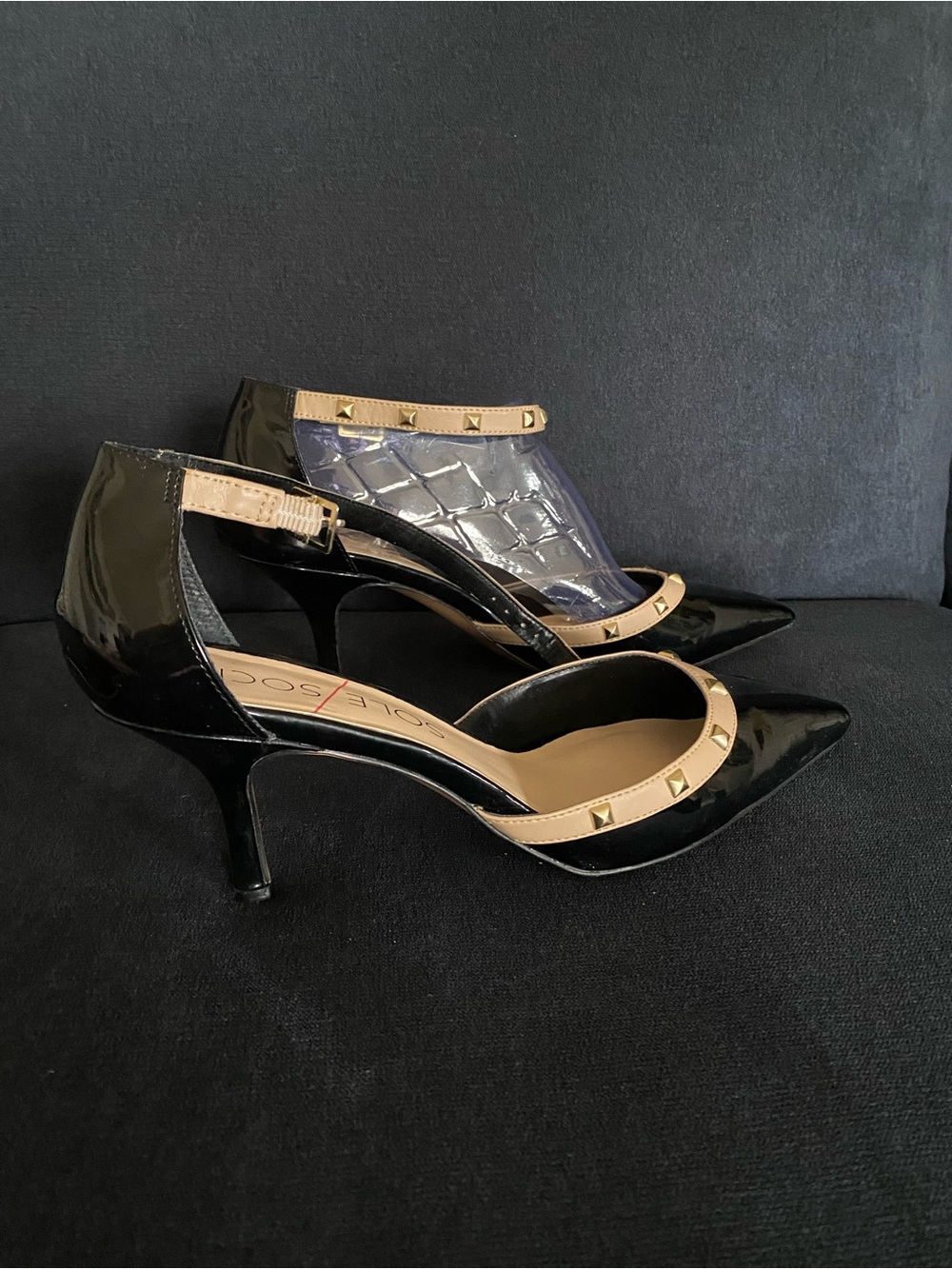 Black Patent Pointed Toe Kitten Heel with Beige Stud Trim